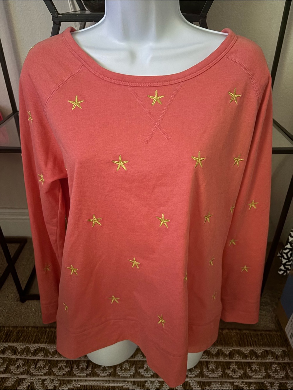Caribbean Joe Orange Long Sleeve Sweatshirt with Gold Sea Star Embroidery Large
